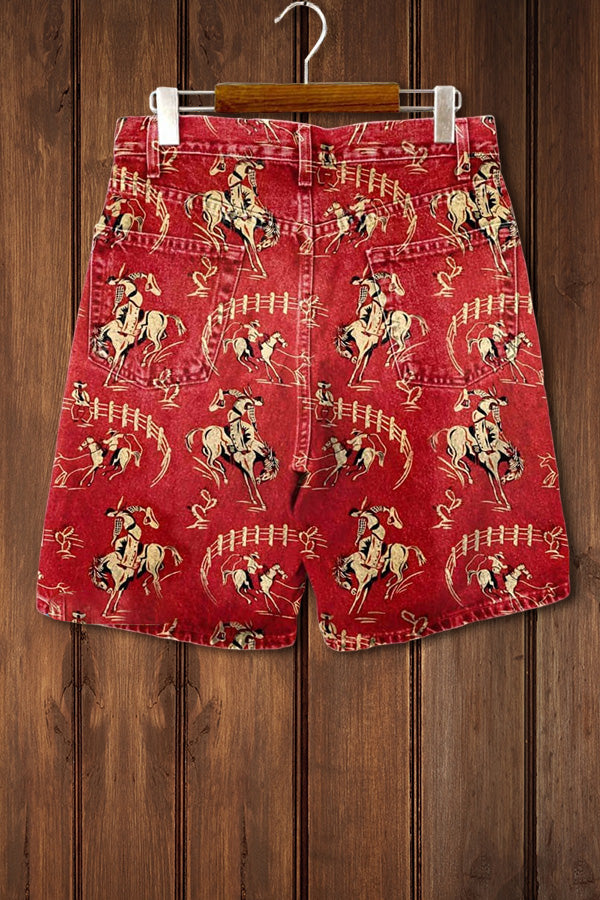 Red Rodeo Print Casual Denim Shorts