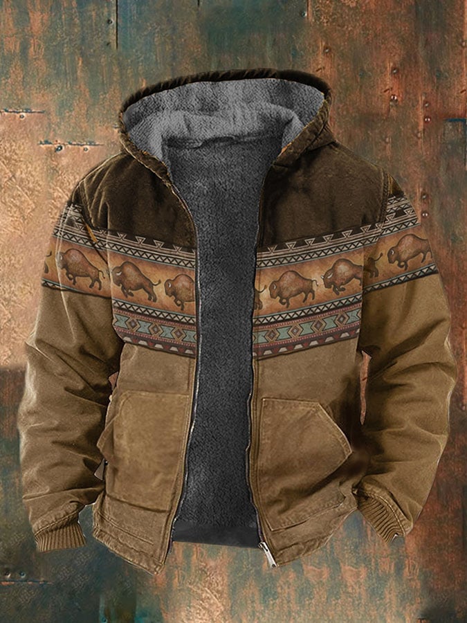 Men's Retro Western Print Velvet Zip Outerwear