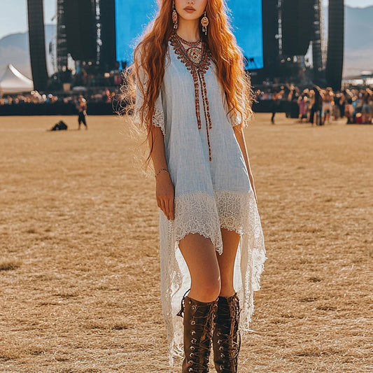 Music Festival Rock Rave Party Vintage Wasteland Ethnic Lace Tassel Floral Linen Dress