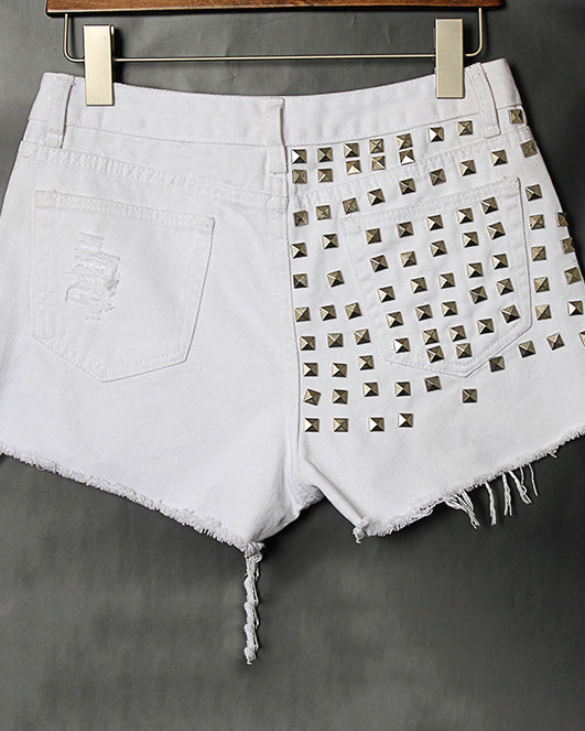 Distressed Rivets Irregular Whiskered Denim High-Waisted Shorts