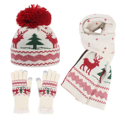 Unisex Christmas Elk Hat, Neck Scarf And Gloves Knitted Set