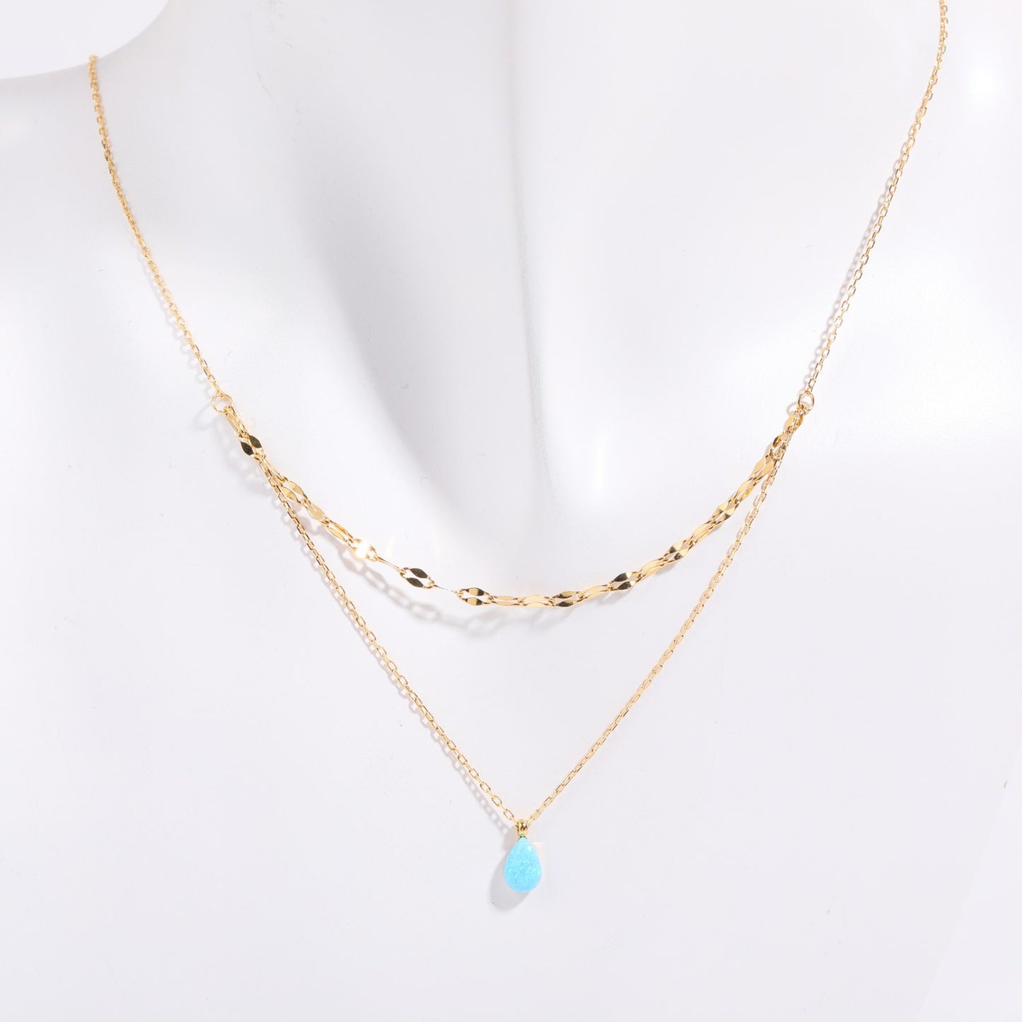 Women's Opal Blue Tear Drop Double Pendant Necklace