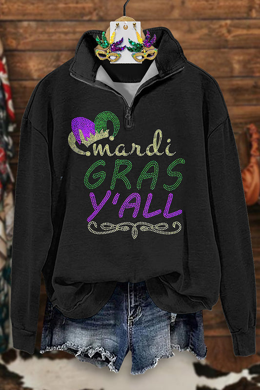 Classic Mardi Gras Print Zip-Up Sweatshirt