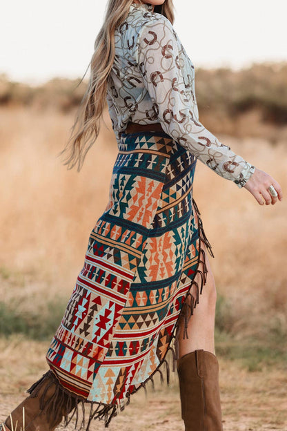 Vintage Aztec Pattern Fringed Slit Skirt