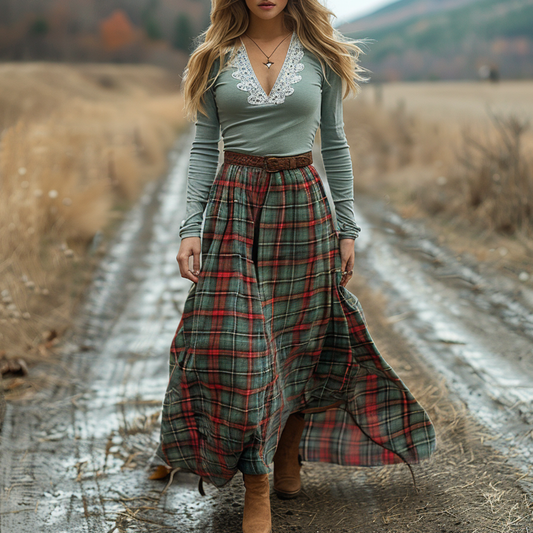 Women's Retro Plaid V-neck Long-sleeved Long Skirt Pastoral Style Dress