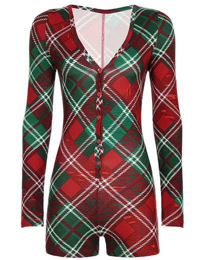 Christmas Plaid Print V-Neck Long Sleeve Onesie Shorts