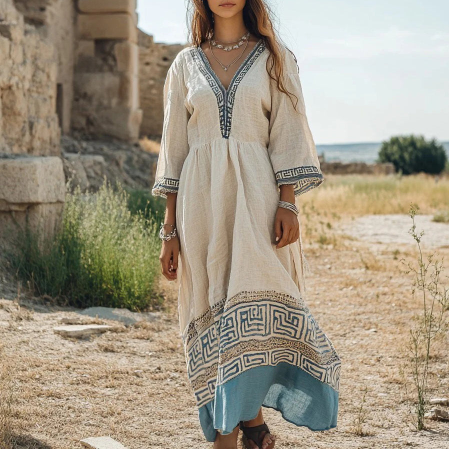 Retro Greek Key V Neck Linen Blend Maxi Dress