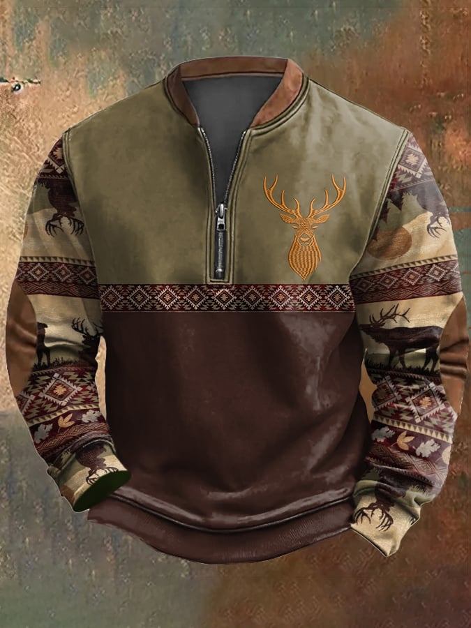 Men's Casual Vintage Elk Contrast Zip-Up Sweatshirt