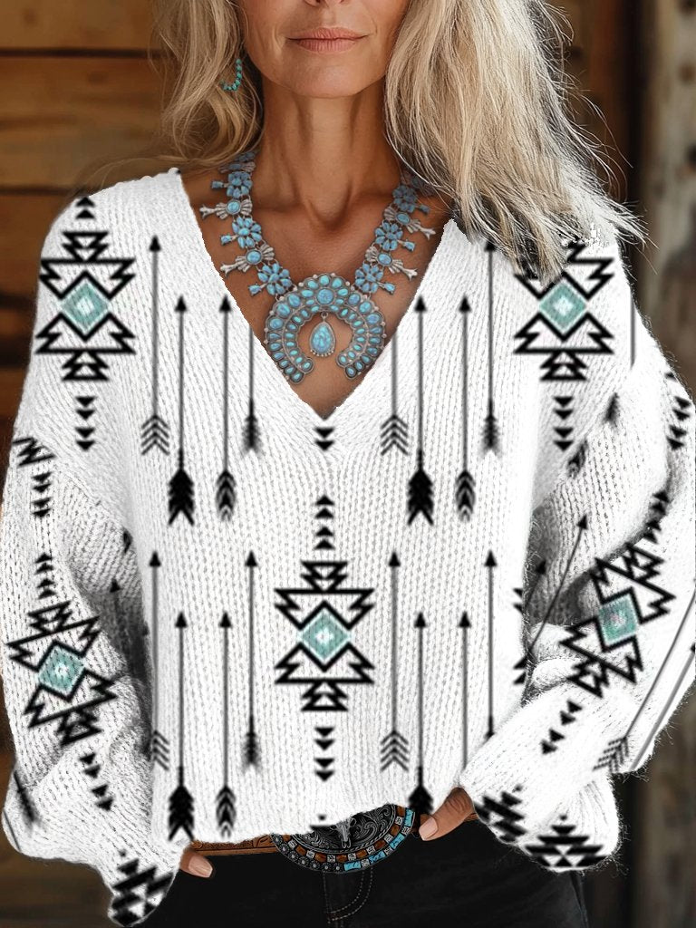 Women's White Vintage Aztec Print Casual V-neck Pullover Knit