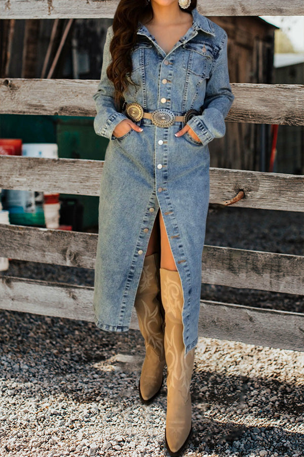 Retro Washed-Breasted Long Sleeve Denim Dress