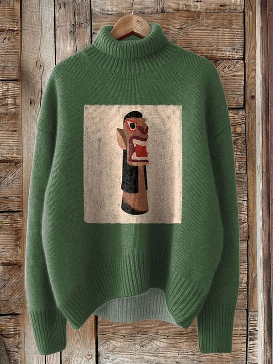 Vintage Print Knit Turtleneck Pullover Sweater