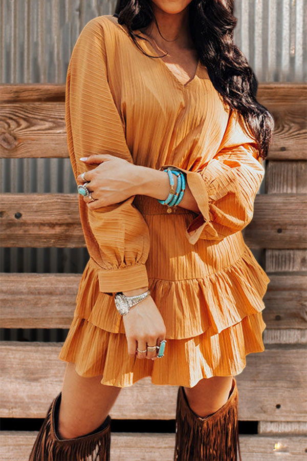 Pretty Ruffled V Neck Long Sleeve Dress