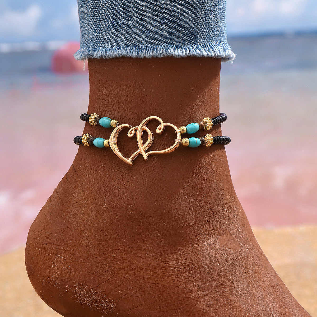 Double-layered Heart-shaped Rice Beads Anklet