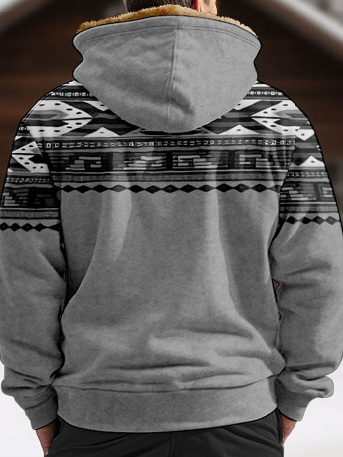 Men's Vintage Style Printed Plush Hooded Jacket