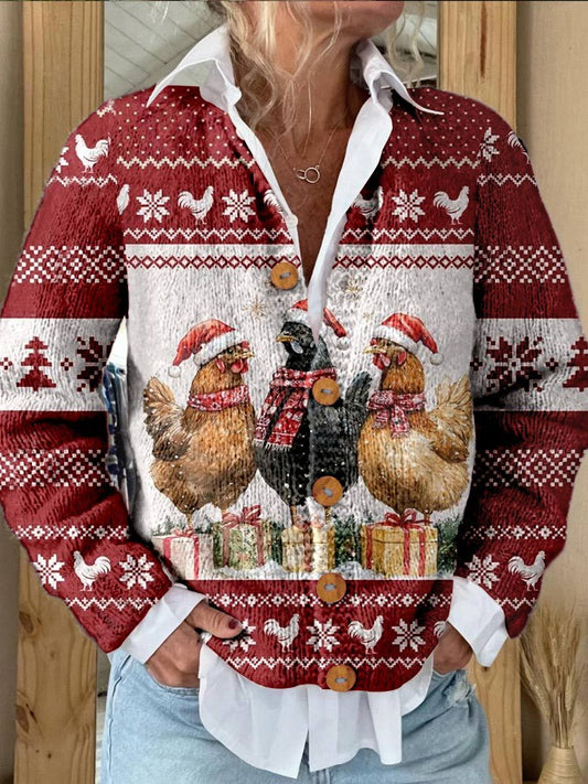 Christmas Chicken Print Buttoned Cardigan Sweater