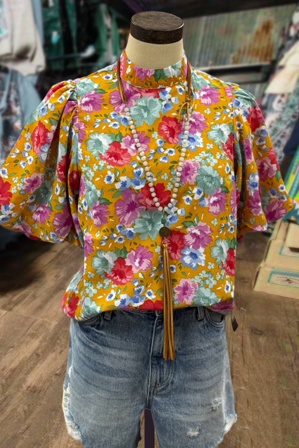 Colorful Floral Print Puff Sleeve Top