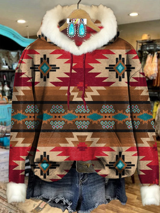 Red Vintage Aztec Print Imitation Rabbit Fur Trim Casual Hoodie Sweatshirt