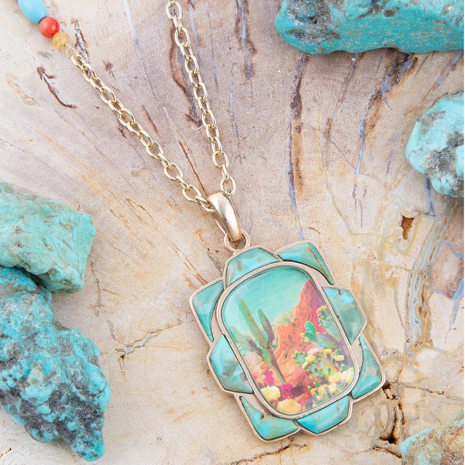 Scenic Sedona Desert Blue Turquoise Golden Pendant Necklace