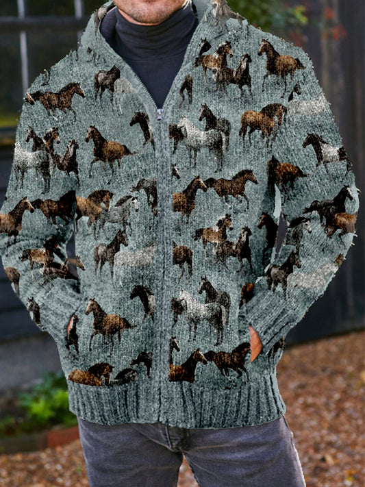 Men's Vintage Western Wild Horses Pattern Cozy Hooded Cardigan