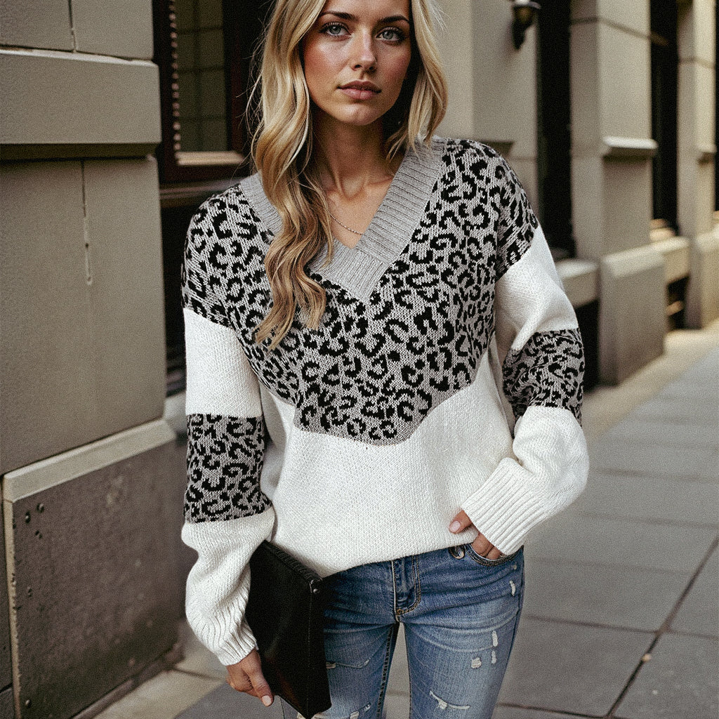 Women's V-neck Pullover Contrasting Leopard Print Sweater