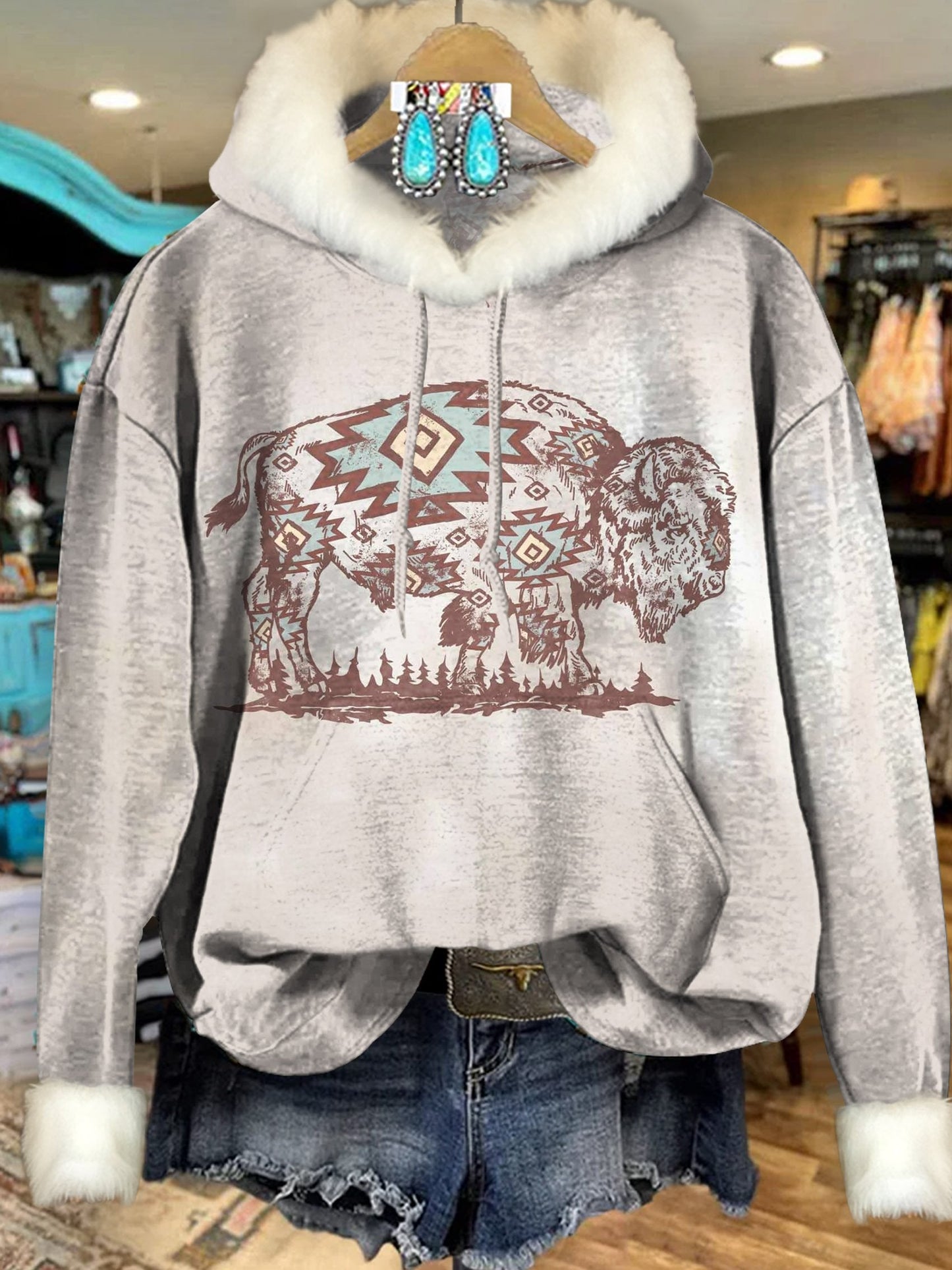 Vintage Aztec Cow Art Print Imitation Rabbit Fur Trim Casual Hoodie Sweatshirt