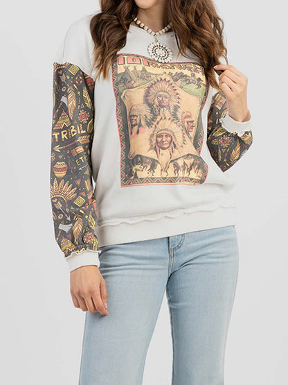 Women's Studded "101 Ranch Wild West" Graphic Print Distressed Long Sleeve Sweatshirt