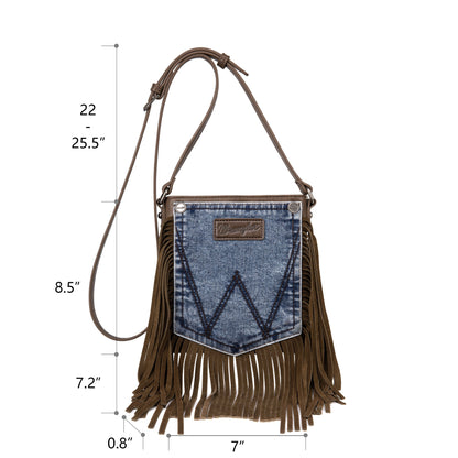 Wrangler Leather Fringe Jean Denim Pocket Crossbody