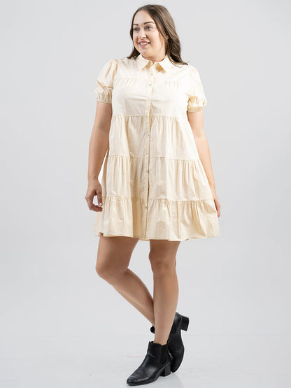 Women Poplin Short Sleeve Layered Shirt Dress