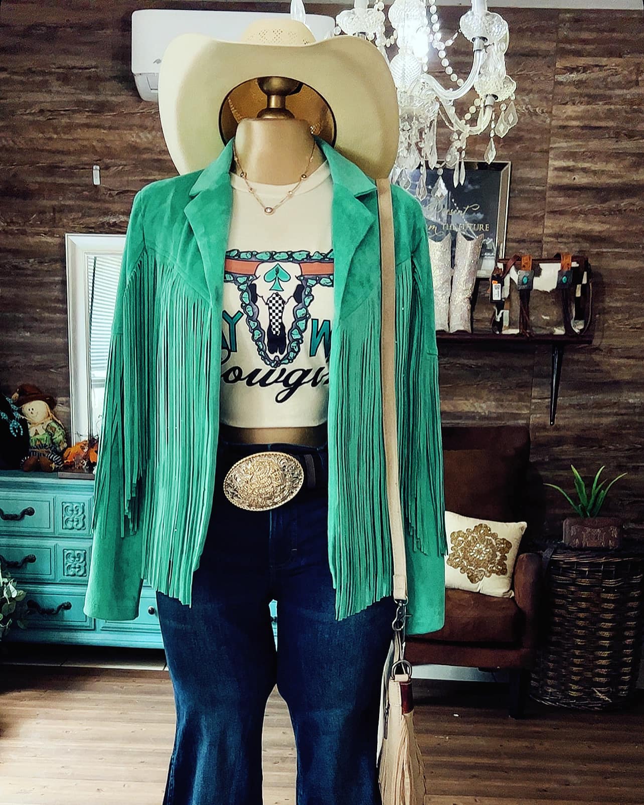 Vintage Western Fringe Jacket-Green