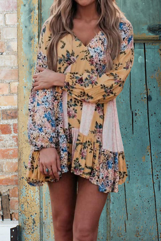 Retro Printed Ruffled V-Neck Dress