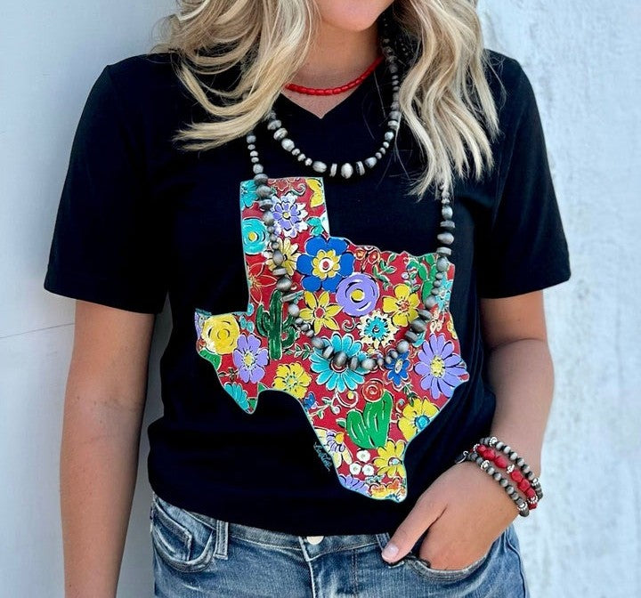 Barbara F's V-Neck Floral Texas Tee by Texas True Threads