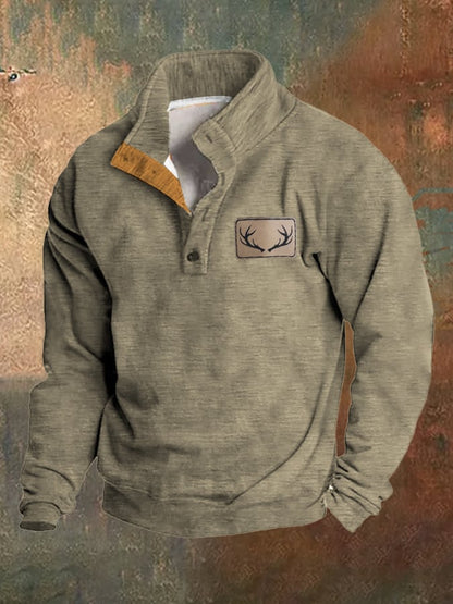 Men's Fleece Vintage Western Antler Hunting Enthusiast Stand Collar Sweatshirt