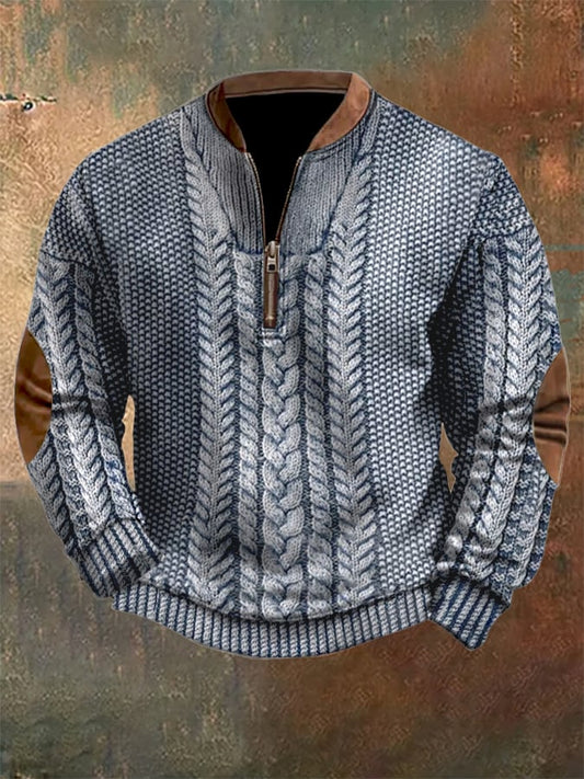 Men's Vintage Knit Print Zip-Up Sweatshirt