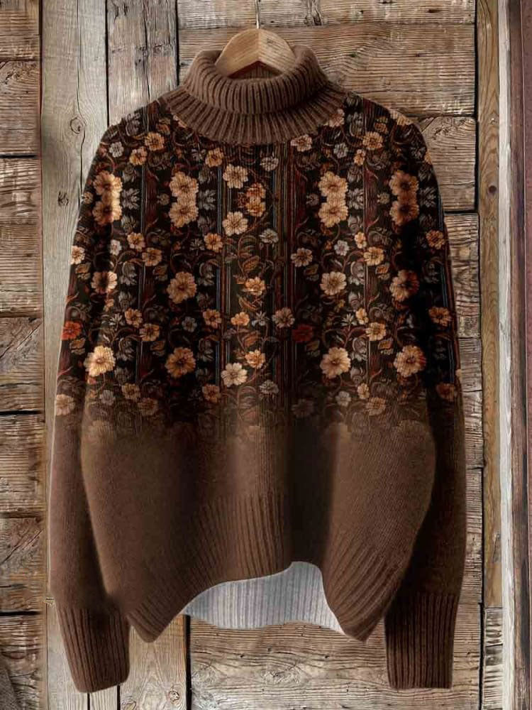 Brown Print Knit Turtleneck Pullover Sweater