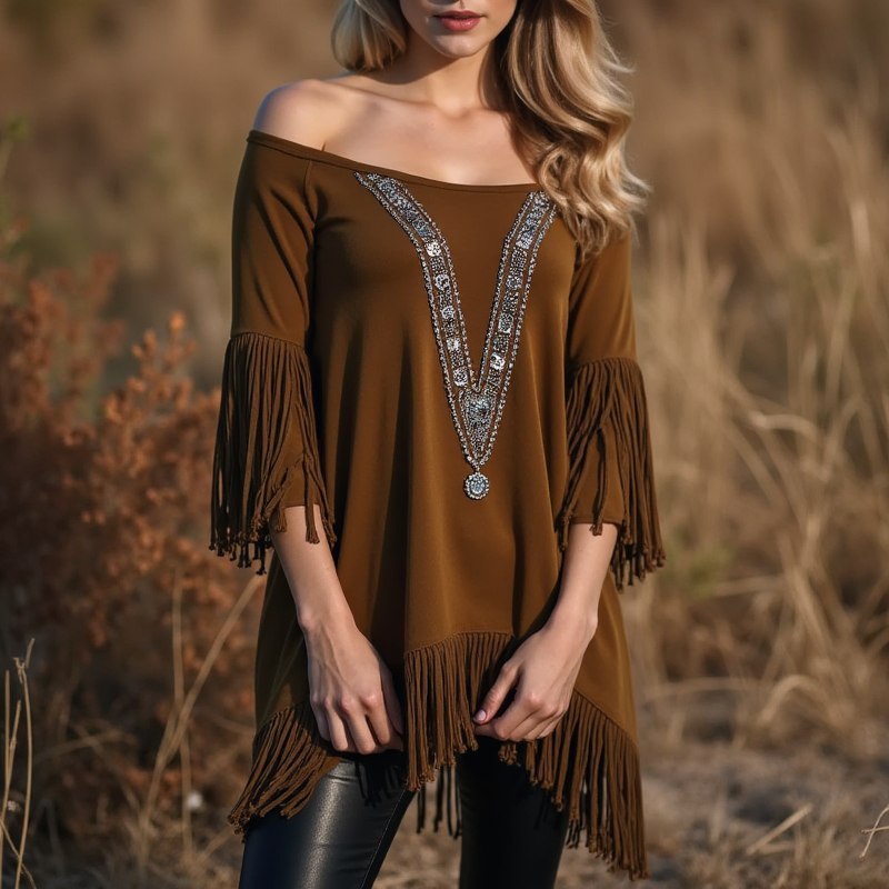 Women's Fringed Lace Off-the-shoulder Elegant Tunic Basic Pullovers Blouse Dressy Tops