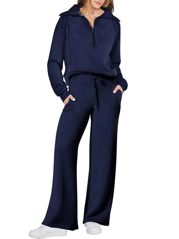 Women's casual sports suit zippered long-sleeved sweatshirt wide-leg pants two-piece set