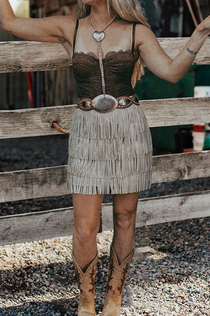 Vintage Layered Fringed Suede Skirt