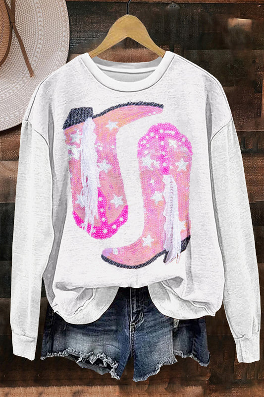 Shiny Western Cowboy Boots Print Sweatshirt