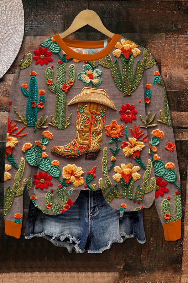 Vintage Western Boots Floral Art Printed Sweatshirt