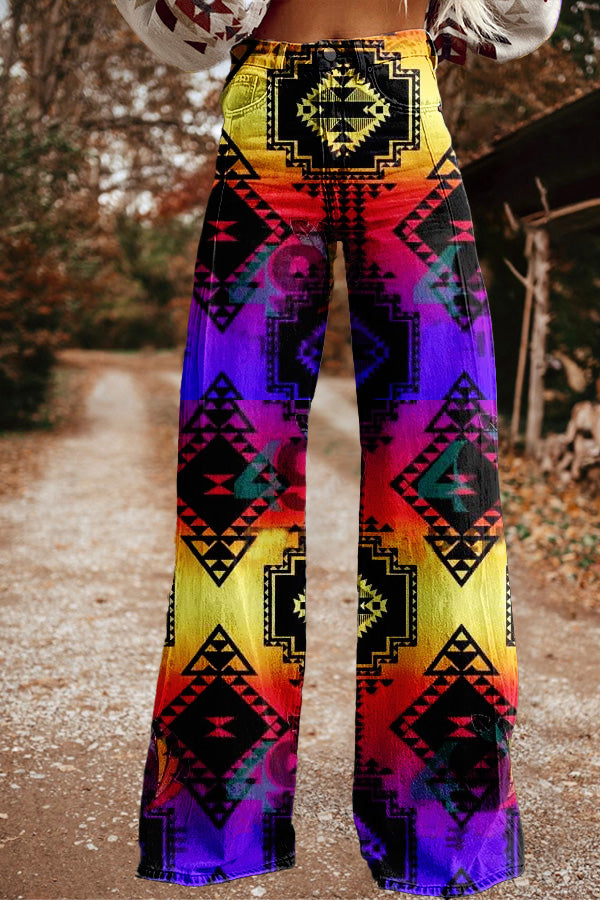 Retro Western Aztec Print Wide Leg Trousers