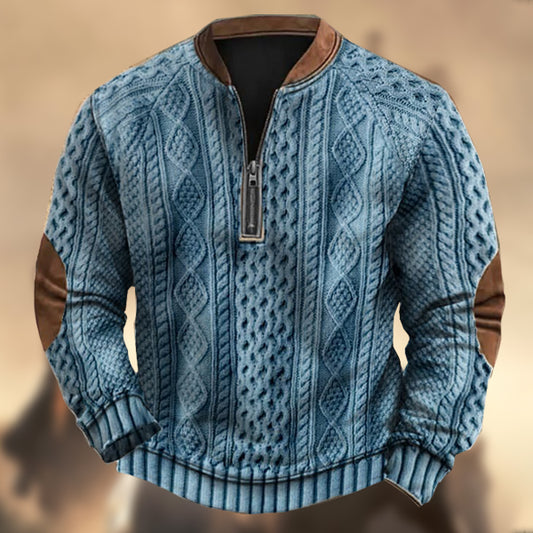 Men's Vintage Western Color Block Knitted Print Zipper Stand Collar Casual Sweatshirt