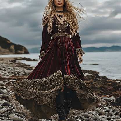 Breezy Bohemian Beach Vacation Autumn And Winter Velvet Ethnic Style Fluttering Dress