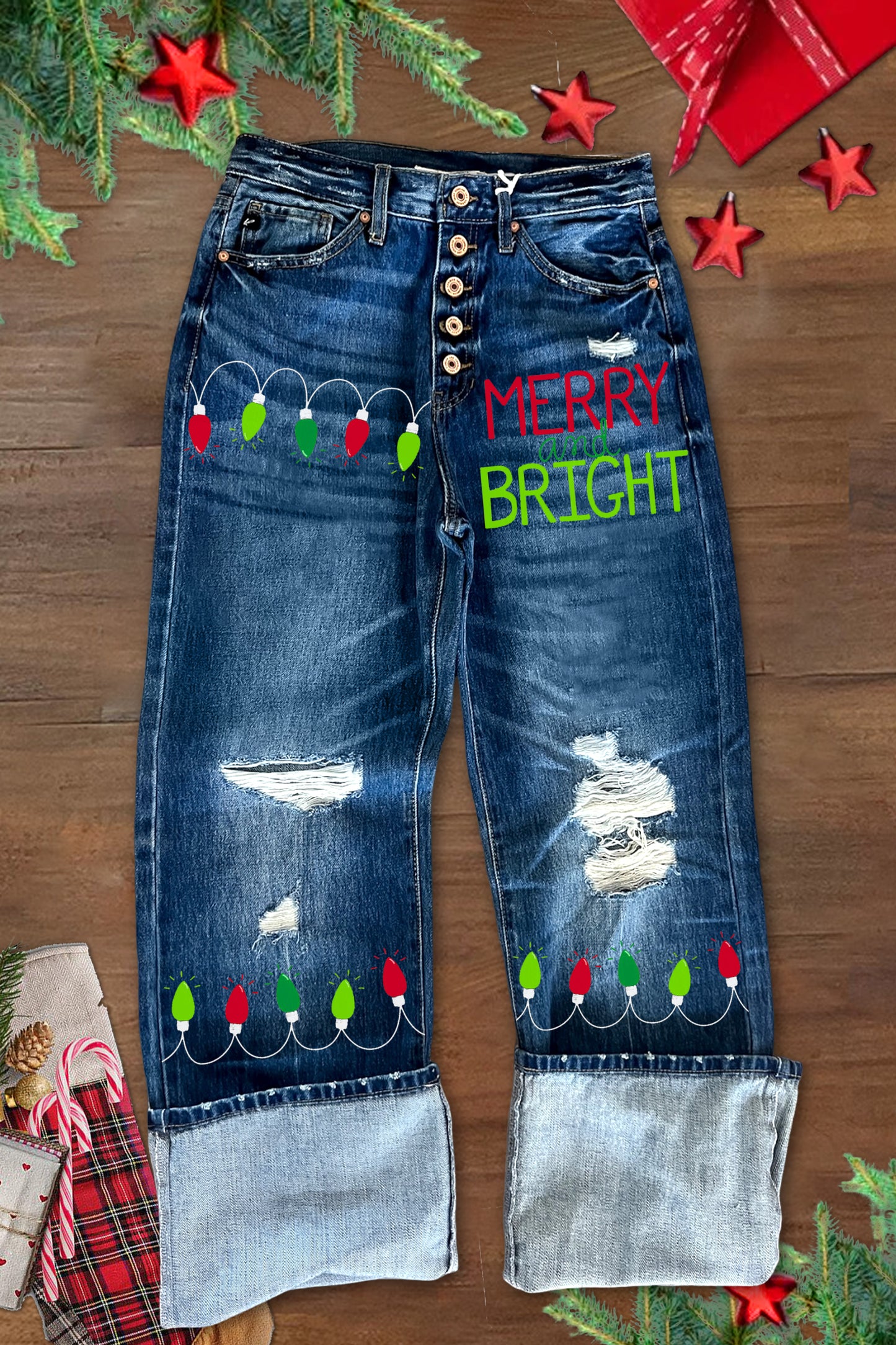 Classic Merry Christmas Print Ripped High Rise Jeans