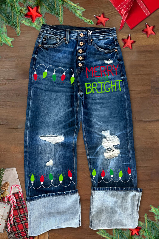 Classic Merry Christmas Print Ripped High Rise Jeans