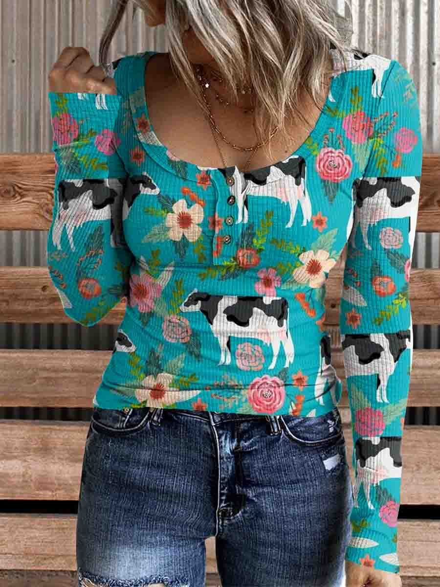 Women's Vintage Cow and Floral Print Casual Long Sleeve Comfortable Cotton Henley Top