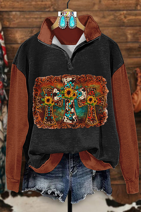 Retro Western Cross Print Zip-Up Sweatshirt