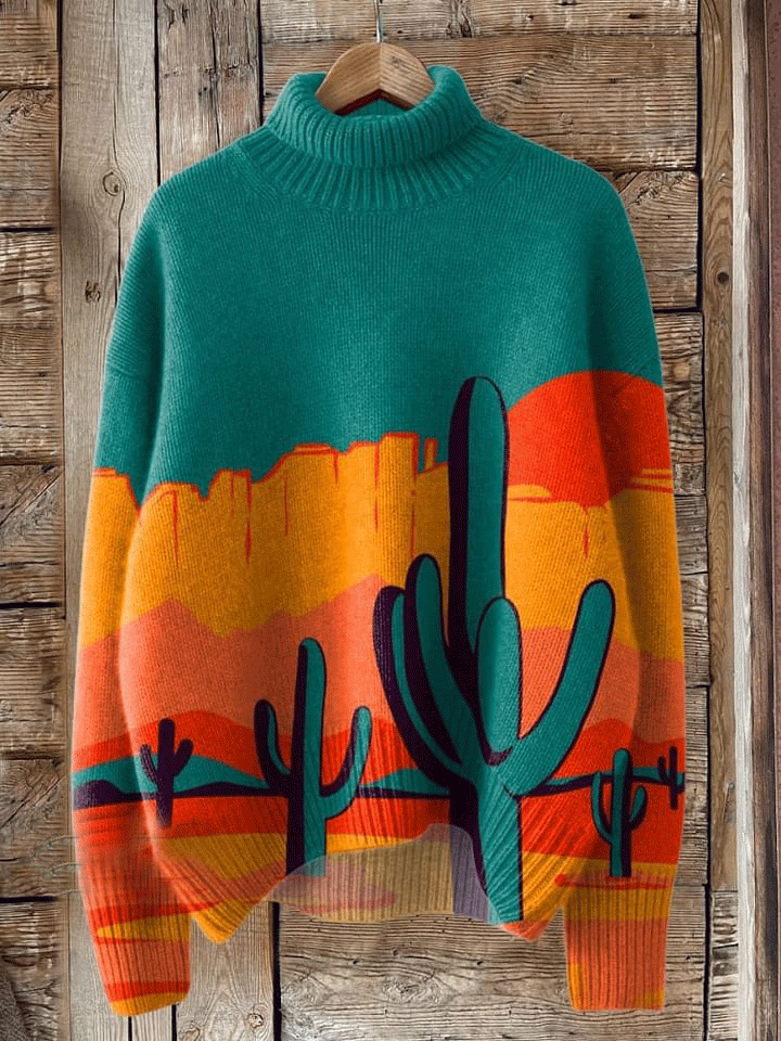 Vintage Print Knit Turtleneck Pullover Sweater