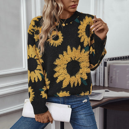 New Autumn And Winter Tops, Sunflower Round Neck Long-sleeved Knitted Pullover Sweaters For Women