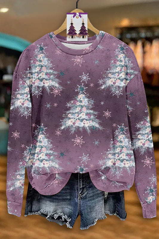 Casual Christmas Tree Print Long Sleeve Sweatshirt