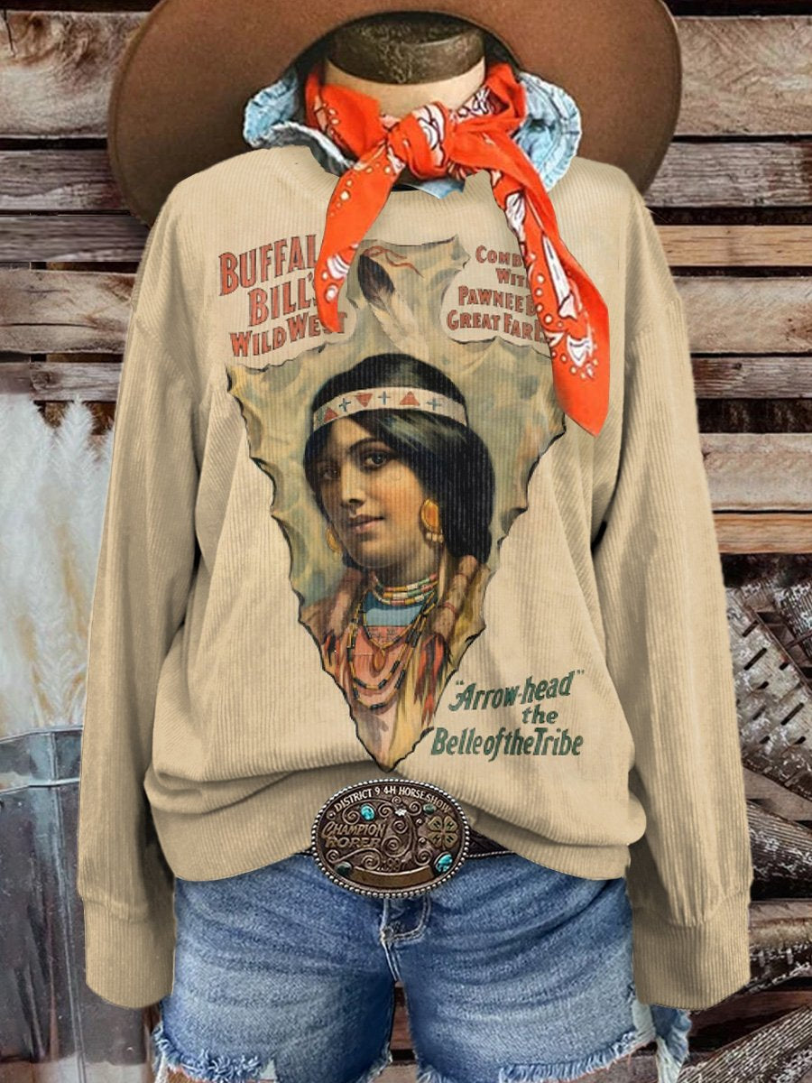 Women's Buffalo Bill's Wild West Arrowhead Belle of the Tribe Casual Print Corduroy Sweatshirt